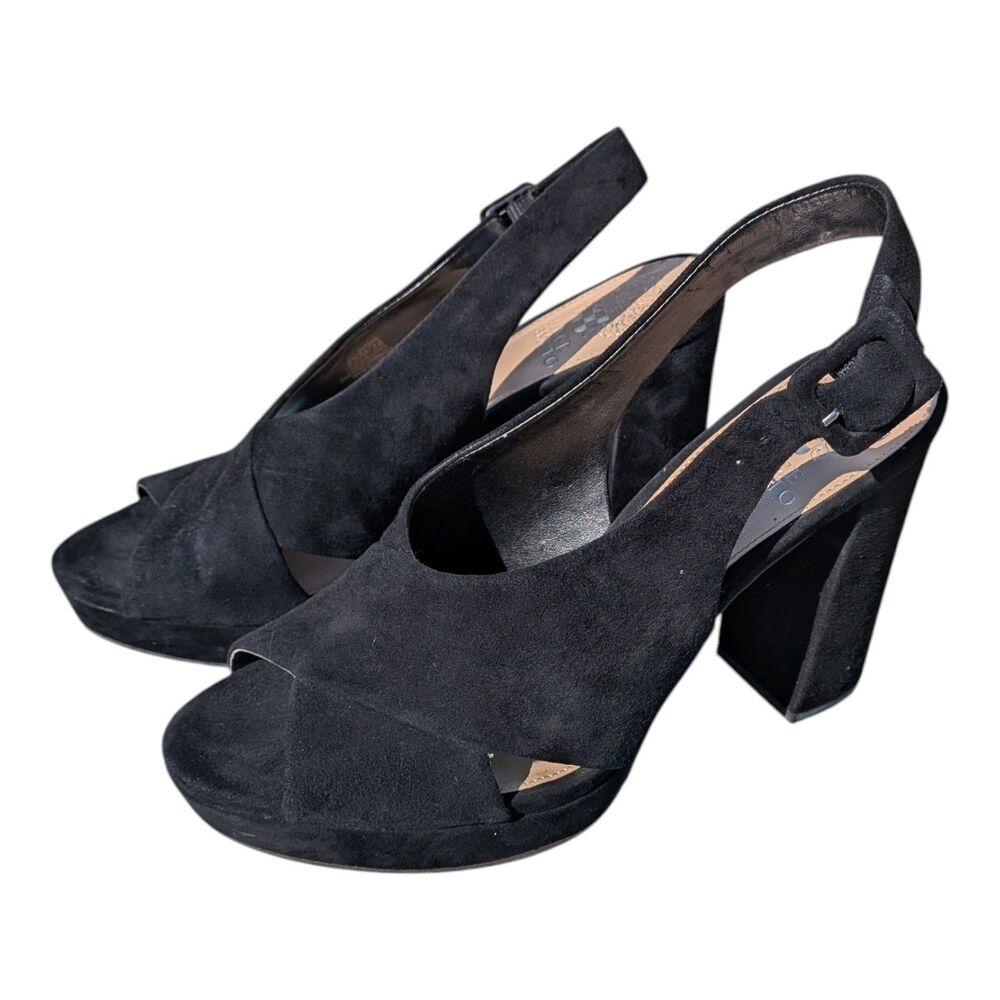 VINCE CAMUTO Women's Javasan Peep Toe Suede Platform Sandals Black Size 7.5 Sexy